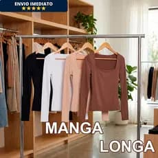 Blusa Manga Longa Decote Quadrado Suplex Premium Estilo Gringa Blogueira