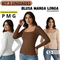 Kit 3 Blusa Manga Longa Inverno Suplex Premium Decote Gola Quadrada Moda Gringa