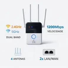 Repetidor de Sinal WiFi AC1200 Dual Band 2.4GHz e 5GHz 4 Antenas Amplificador de Internet com Porta Ethernet