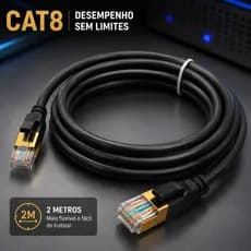Cabo de Rede Ethernet CAT8 RJ45 2 Metros Blindado Alta Velocidade Até 40Gbps Conector Banhado a Ouro para PC Roteador No