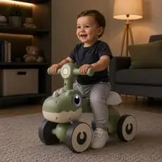 Bicicleta Balance Dino Infantil Com Luz e Quatro Rodas Verde Bicicletinha Para Crianças 1 Ano e Mais