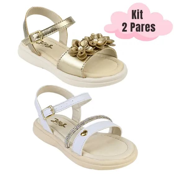 Kit 2 Pares Sandália Infantil Menina Alpercata Feminina Flor e Strass Confortável Leve Casual