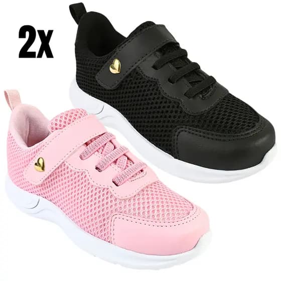 Kit 2 Pares Tênis Infantil Menina Sapato Escolar Feminino Confortável e Resistente