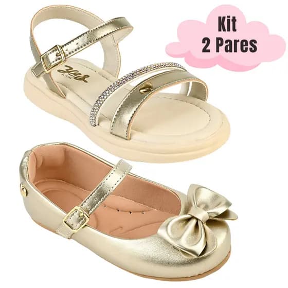Kit 2 pares Sandália Infantil Menina e Sapatilha Batizado Daminha Laço