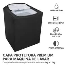 Capa para Maquina de Lavar 12kg 13kg 14kg 15kg 16kg 17 kg Preta e Cinza Ziper Brastemp Electrolux