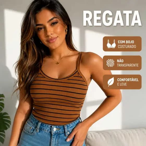 Regata Feminina Ribana Canelada com Bojo Alça Fina Básica Algodão