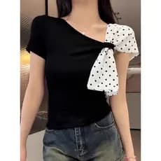 AMY FASHIONCamiseta de algodão puro, modelo 2025, com amarração nos ombros e alças finas de bolinhas.