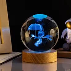 Luminária Bola de Cristal Led Mesa Globo Vidro 3d Base Madeira Decoração Abajur Presente