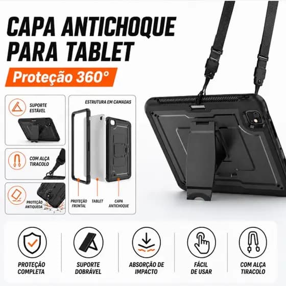 Capas para Tablet com suporte e alça de ombro para iPad 11ª /10ª /9ª/8ª/7ª/Air3/Pro 10.5 /Air11"(M2,M3)/Air6
