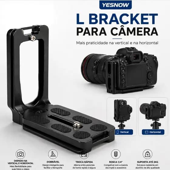 Suporte Articulado em L para Câmera Profissional | Acessório para Tripé com Nível de Bolha