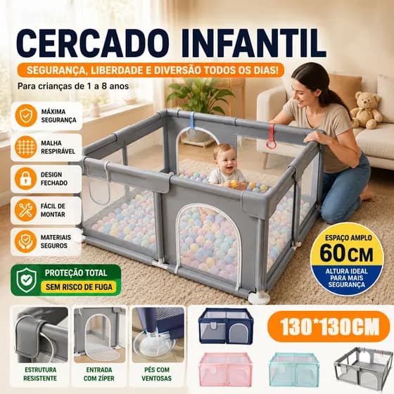 Chiqueirinho Infantil Cercado 130*130cm com Visibilidade Total e Porta | Montagem Fácil e Ventosas Fortes