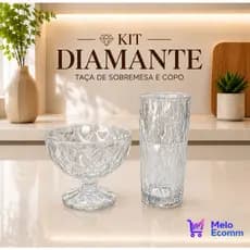 JOGO 6 COPOS DIAMANTE 220 ML E TAÇA DE SOBREMESA / VIDRO RESISTENTE DRINK VINHO SUCO NATURAL ALTO RELEVO