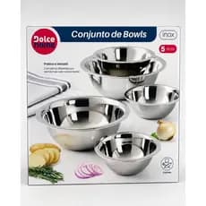 Kit Bowls Inox com 5 Peças / Tigelas Multiuso Cozinha Saladeira Preparar Massas e Receitas