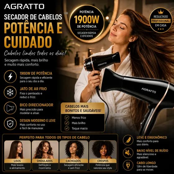 Secador De Cabelo Agratto Della 1900w Preto 127v