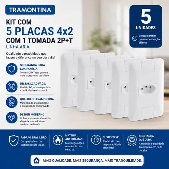 Kit Tramontina Com 5 Placas 4x2 com 1 Tomada 2P+T 10A 250V Linha Aria