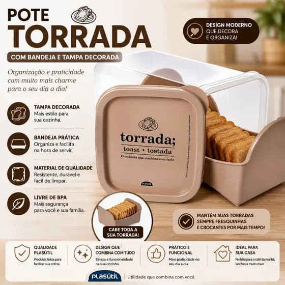 Pote Bolacha Torrada Com Bandeja E Tampa Decorada Plasútil