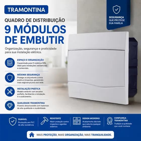 Quadro Caixa De Distribuição De Embutir PVC 9 Módulos Disjuntor Din Branco Tramontina