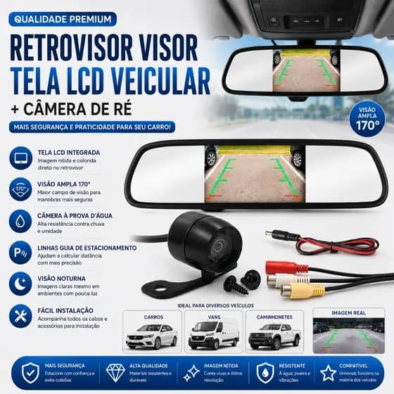 Retrovisor Visor Espelho Tela Lcd Veicular + Câmera De Ré