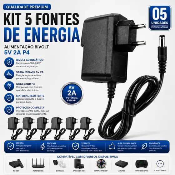 Kit 5 Fonte De Energia Alimentação Bivolt 5v 2a P4p/tv Box Pronta Entrega Helplo
