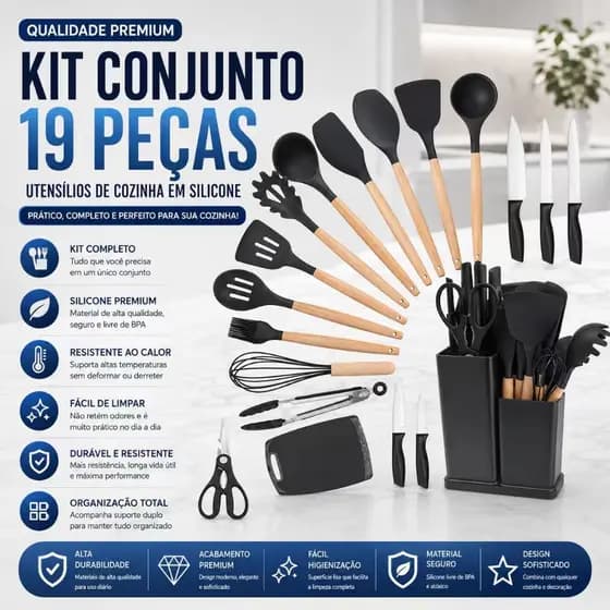 Kit Conjunto De 19 Peças Utensílios Cozinha Silicone Tabua Cor Preto