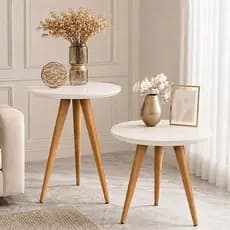 Kit Conjunto 2 Mesas De Apoio E Lateral Retrô Borda Invertida Sala Quarto MDF Pés de Madeira Maciça