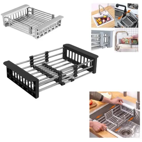ESCORREDOR PIA INOX RETRATIL AJUSTAVEL COZINHA LOUCA SUPORTE LAVAR FRUTAS LEGUMES VERDURAS CESTO FRUTEIRA UTENSILIOS ORG