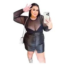 Conjunto Saia Ziper Couro + Body Tule Preto Moda Plus Size