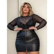 Conj Saia De Couro Body Tule Lurex Manga Longa Cropped Renda