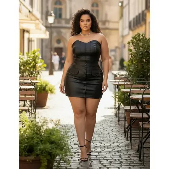 Conjunto Plus Size Corselet Couro Shorts Saia Botões Couro
