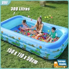 Piscina Inflável Retangular Infantil 3 Anéis Grande 300L - Diversão no Verão