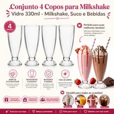 Conjunto 4 Copos para Milkshake Vidro 330ml - Milkshake, Suco e Bebidas