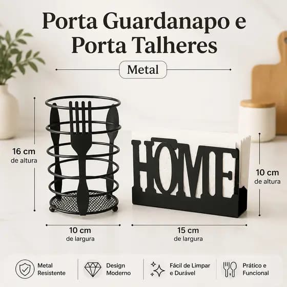 Kit 2 Und Porta Guardanapo HOME metal  / Porta Talheres Telado Garfo Metal Preto ou Individual