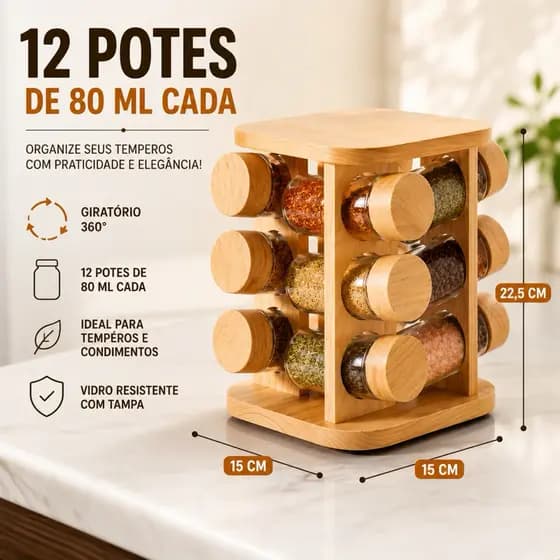 Porta Temperos Condimento Giratório 12 Potes em Vidro – Bambu Natural para Cozinha  Envio Imediato