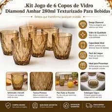 Kit Jogo de 6 Copos de Vidro Diamond Ambar 280ml Texturizado Para Bebidas