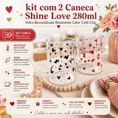 Kit 2 Caneca Shine Love 280ml Vidro Borossilicato Resistente Calor Café Chá