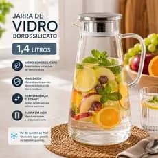 Jarra De vidro Borossilicato com Tampa de Inox para Sucos, Agua, Garrafa para mesa posta
