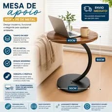 Mesa De Apoio Lateral Redonda 39,5x59,5 cm Industrial Madeira MDF E Metal