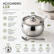 Açucareiro Lux Inox 10X9 Com Colher Tampa Vidro Temperado Inoxidável Mesa Posta Café Luxo