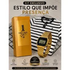 Kit Masculino Camiseta Listrada + Relógio Digital Dourado + Perfume Estilo Premium
