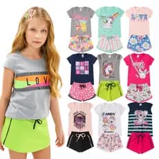 Kit 4 Peças de Conjunto Infantil/Juvenil Verão Menina 1 ao 16 Camiseta + Shorts Estampados
