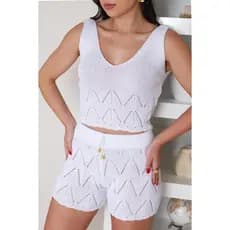 Conjunto Saida De Praia Short + Cropped Tricot - Tendencia Verão 2026 - Tricô Moda Praia Crochê