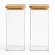 Kit 2 Potes Herméticos De Vidro Quadrado 1350ml Porta Alimentos Mantimentos Tampa Bambu Hermético Grande