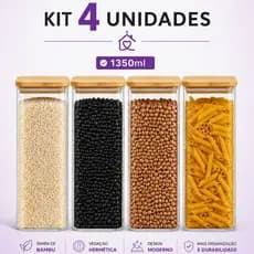 Kit 4 Potes Vidro Hermético Quadrado 1350ml Porta Mantimentos Tampa Bambu Madeira Tamanho Grande