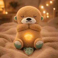Urso de Pelúcia Brinquedo com Luz e Som Lontra Fofa Respira Acalma Bebê na Hora do Soninho