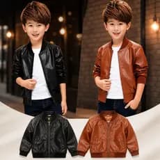 Casaco Infantil Couro PU Forrado Pelúcia Térmico Inverno Jaqueta Corta Vento Menino 2-14 Anos Moda Inverno Quente Grossa