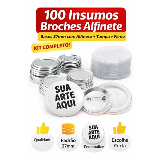 100 Unidades Botton 37mm com Alfinete – Material Profissional para Bottons