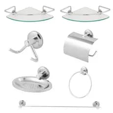 Kit Acessórios Para Banheiro Inox 2 Porta Shampoo Canto Vidro