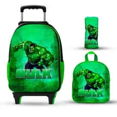 Kit Mochila Escolar Hulk De Rodinhas Lancheira e Estojo Masculina - Menino Reforçada e Mochila de Rodinhas