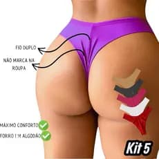 Kit 5 Calcinhas Fio dental Fio Duplo Pala Dupla Tanga Feminina Paula Cintura Alta Forro Algodão