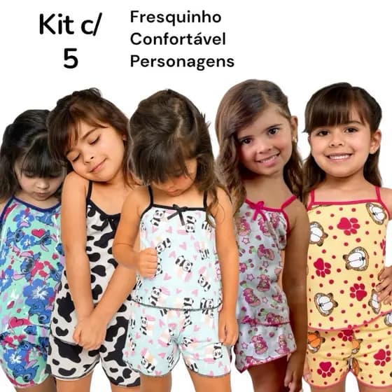5 Pijamas Infantil Baby Doll MICRO Estampado com Short Roupa de Dormir Criança